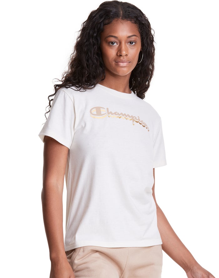 Champion Womens T-Shirt NZ - Classic Drop Shadow Foil Script Logo White ( 2184-AGDCB )